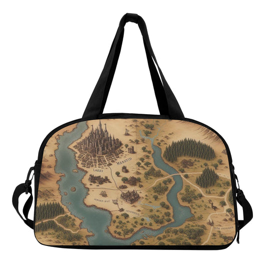 A black weekender travel bag with a fantasy kingdom map design 