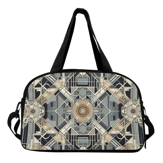 A black weekender travel bag with a geometric pattern design 