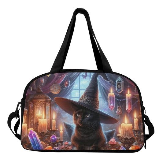 A black weekender travel bag with a whimsical witchy cat design 